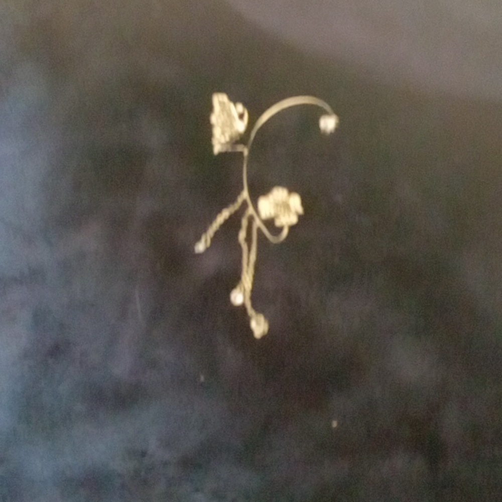 Silver right and left ear cuff butterfly at top flower on bottom - Picture 2 of 4